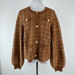 Marled Windowpane Button Front Cardigan Sweater Size Large